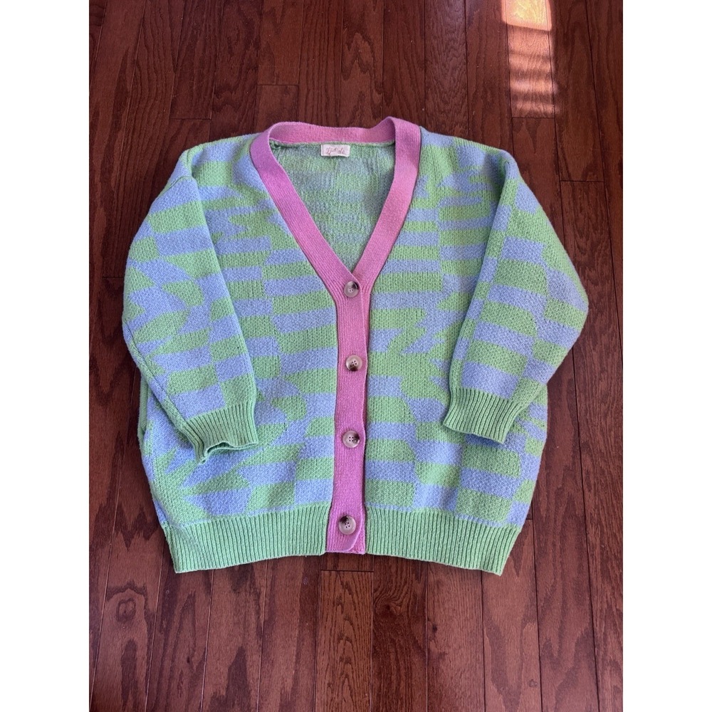Listicle Dopamine Cardigan S Green Blue‎ Checker Pink Trim Chunky Knit